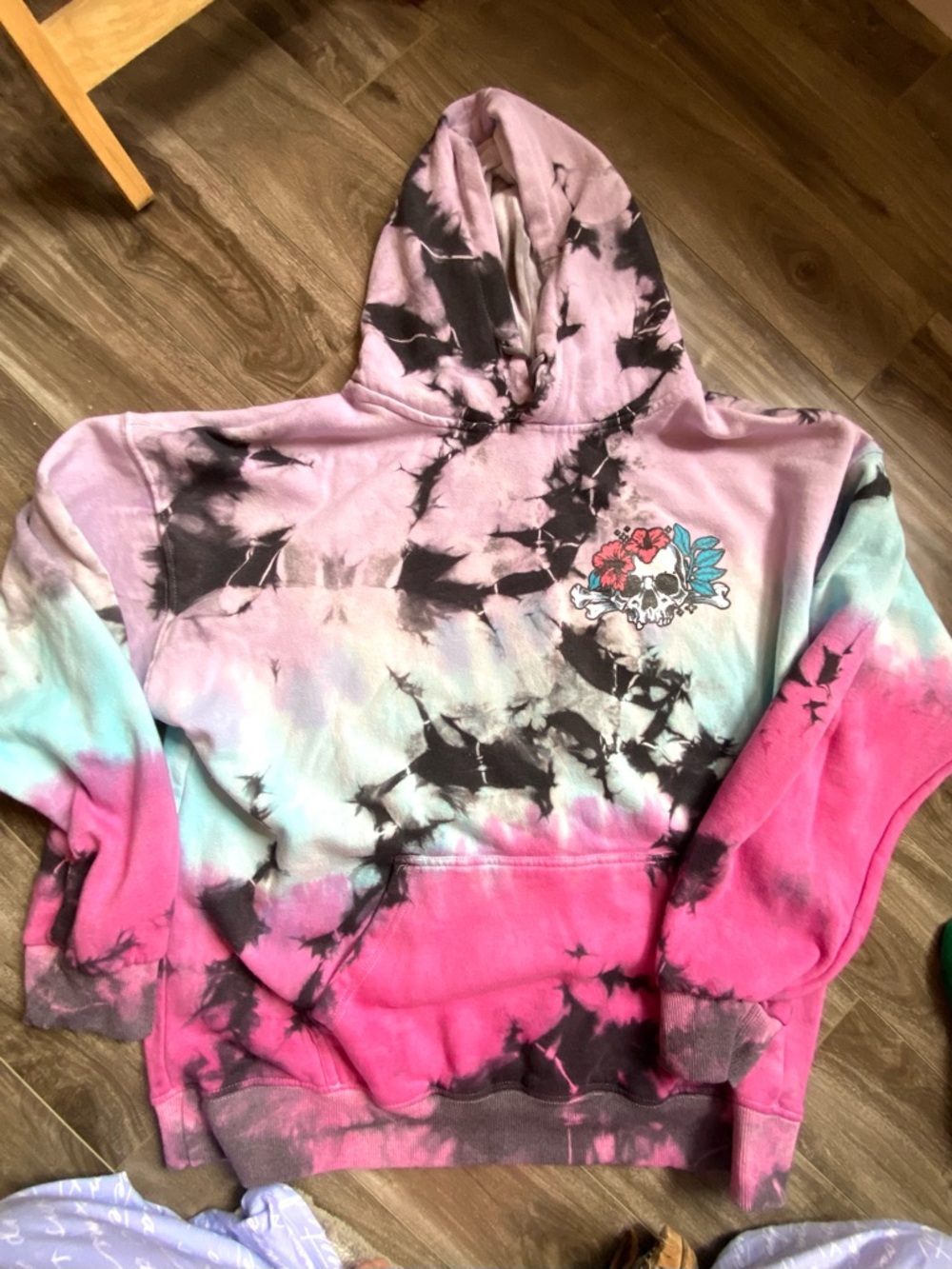 Tie-Dye Skull & Flowers Pullover Hoodie in Pink, Lavender & Aqua